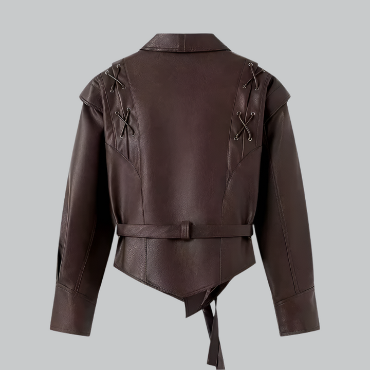 Rosa - Women's Brown Leather Jacket with Lace-Up Detail