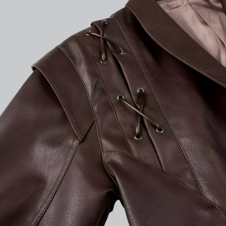 Rosa - Women's Brown Leather Jacket with Lace-Up Detail