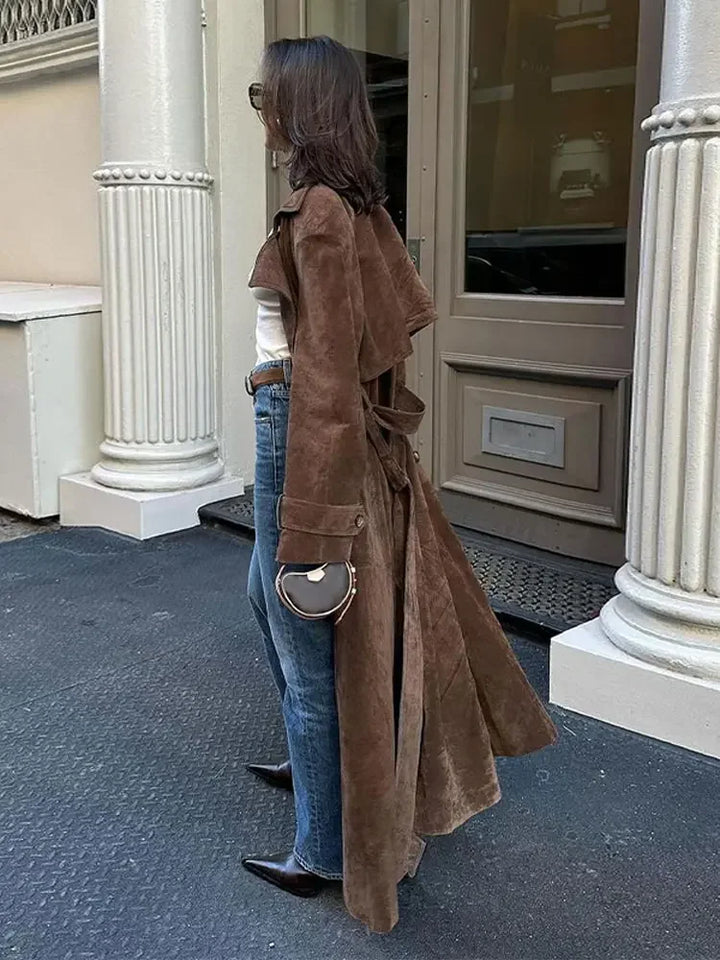 Miles - Suede Chocolate Belted Long Coat