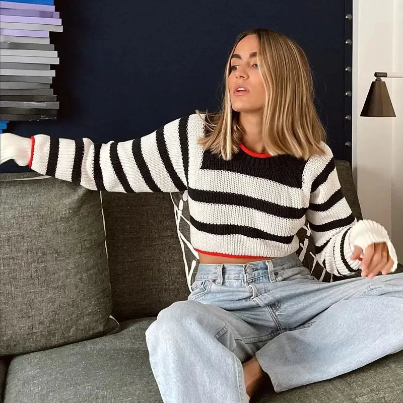 Sophia - Striped Cropped Knit Sweater