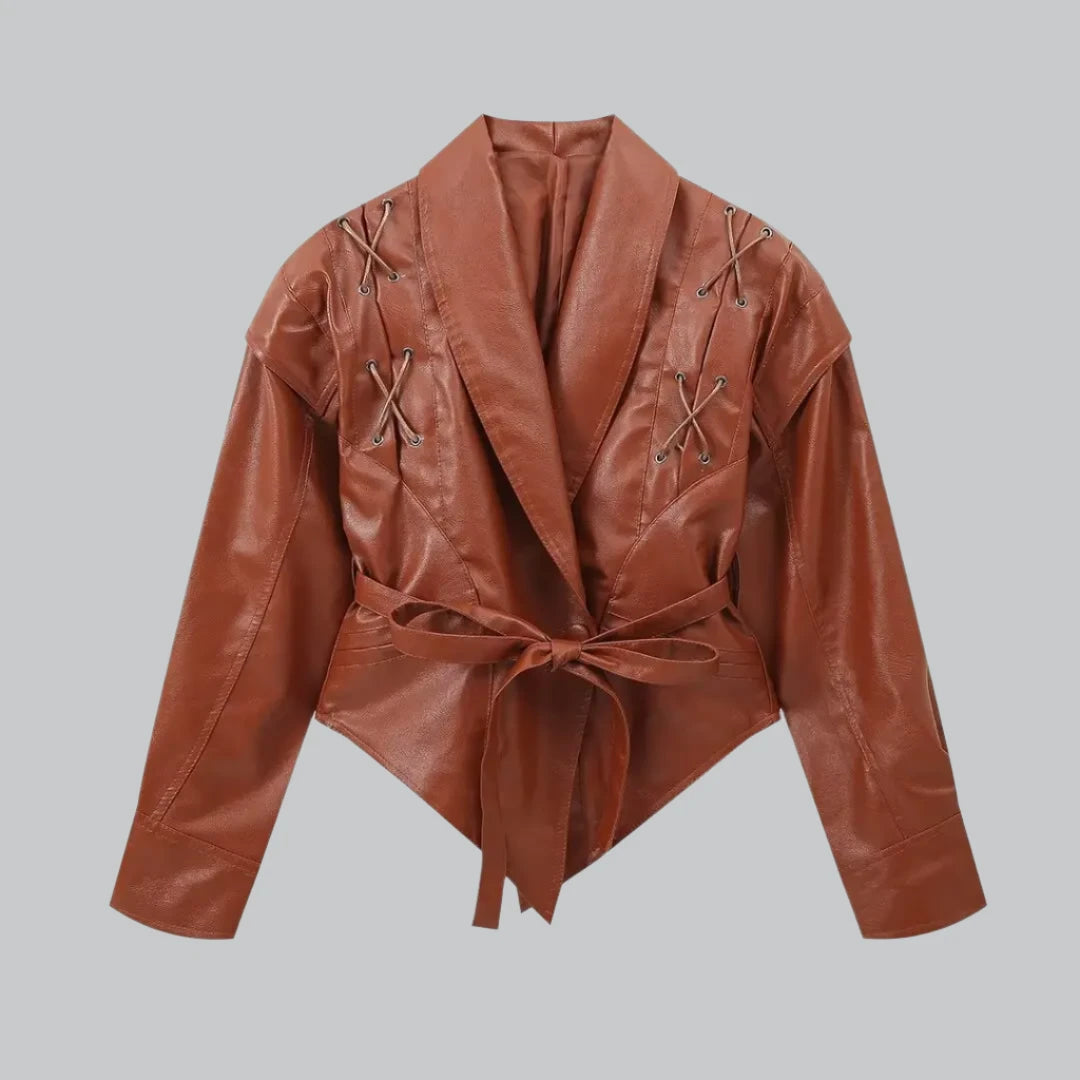 Rosa - Women's Brown Leather Jacket with Lace-Up Detail