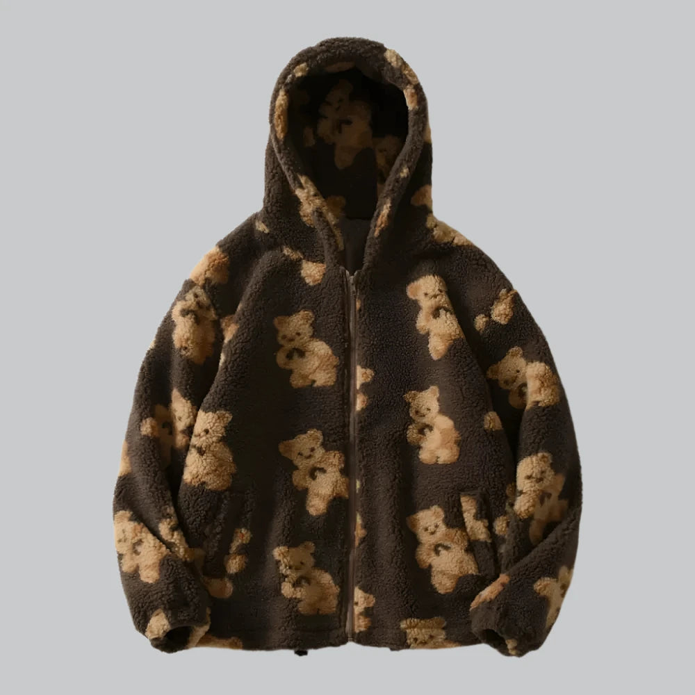 Gonthwid - Fleece Hooded Jacket with Bear Print