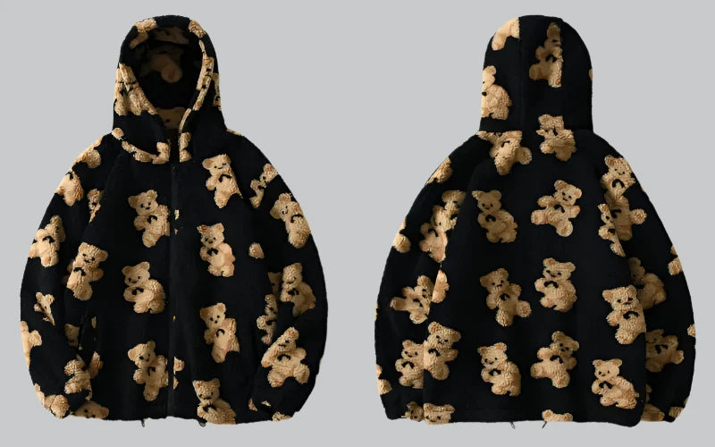 Gonthwid - Fleece Hooded Jacket with Bear Print