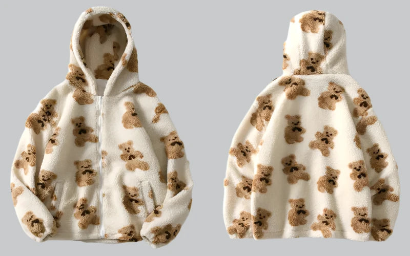 Gonthwid - Fleece Hooded Jacket with Bear Print