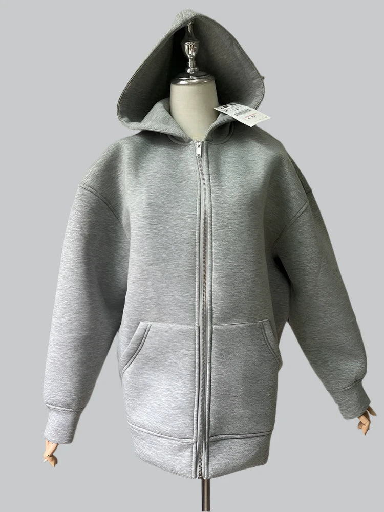 Vivian - Long Gray Bomber Jacket with Hood