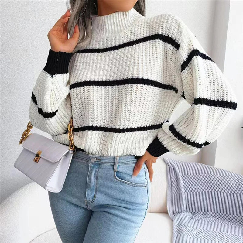 Iris - Striped Lantern Sleeve Knit Sweater