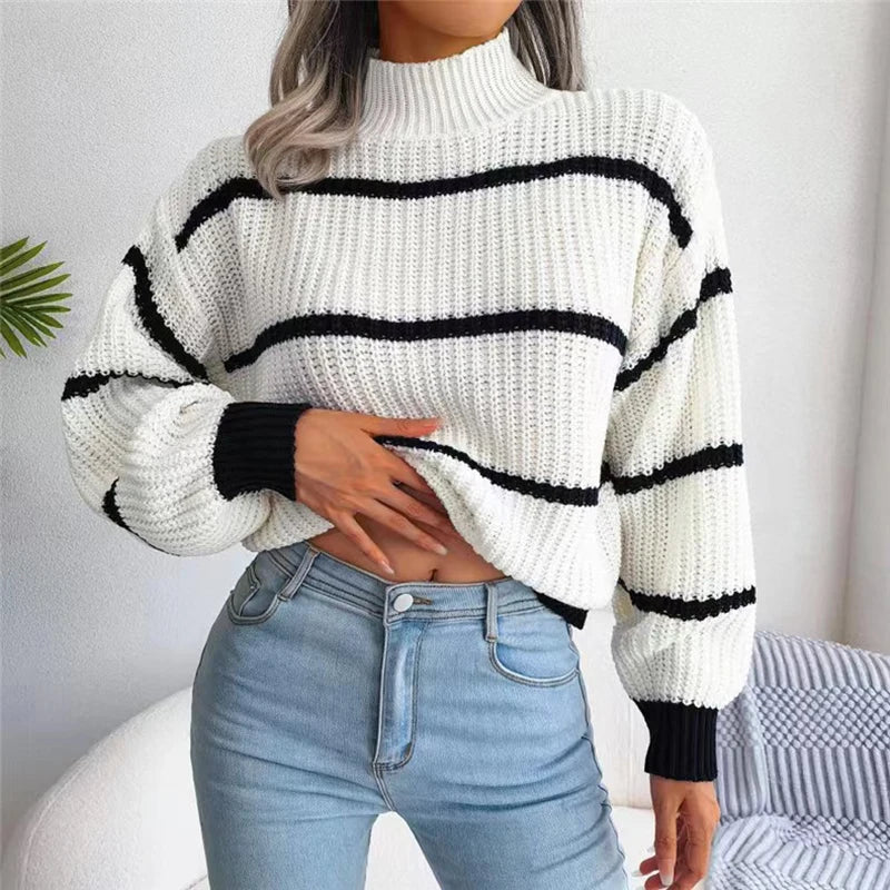 Iris - Striped Lantern Sleeve Knit Sweater