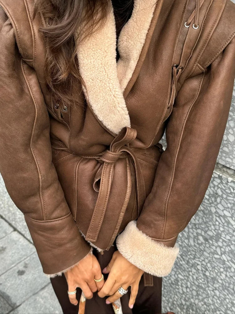 Zarah - Warm Furry Leather Jacket with Belt