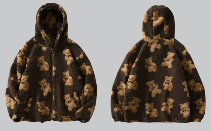 Gonthwid - Fleece Hooded Jacket with Bear Print