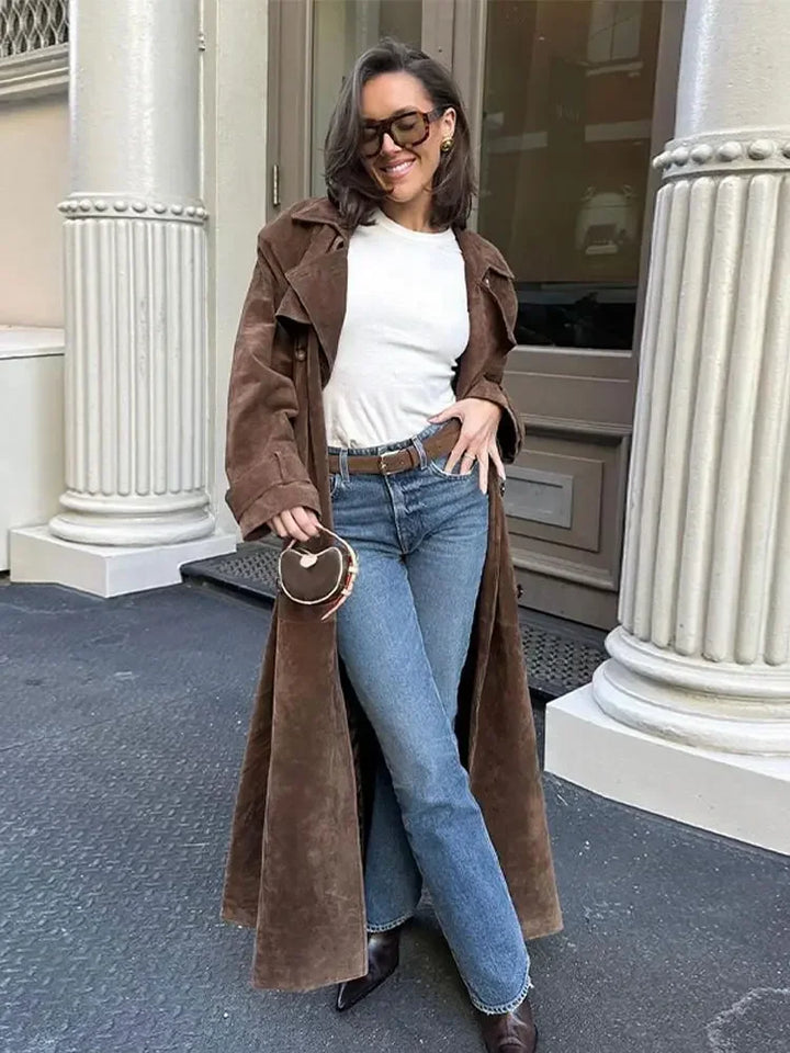 Miles - Suede Chocolate Belted Long Coat