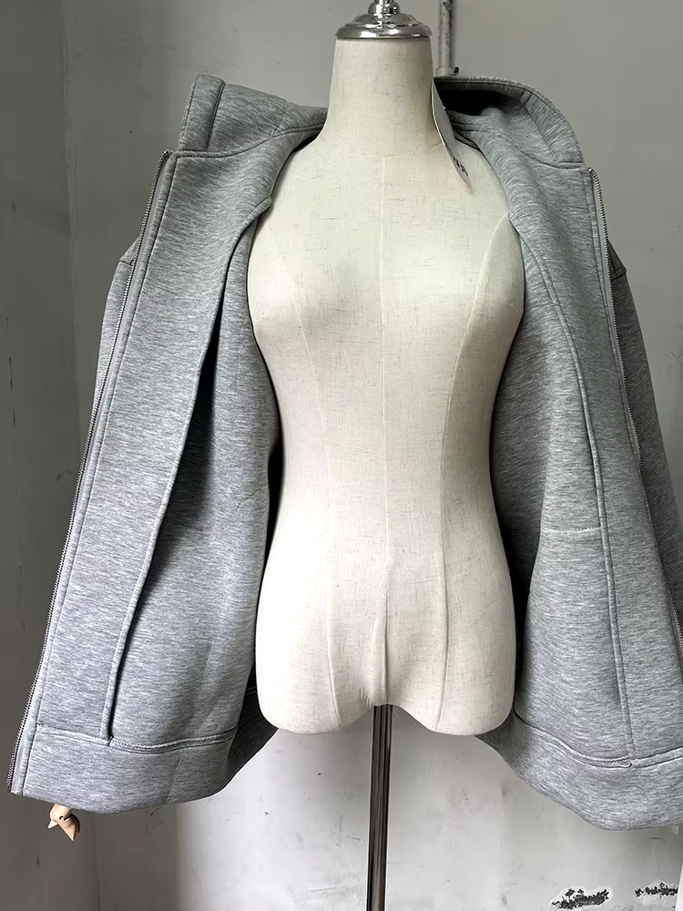 Vivian - Long Gray Bomber Jacket with Hood