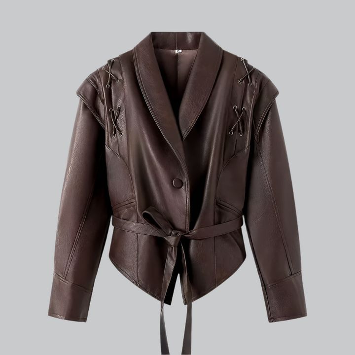 Rosa - Women's Brown Leather Jacket with Lace-Up Detail