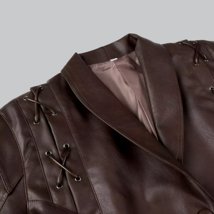 Rosa - Women's Brown Leather Jacket with Lace-Up Detail