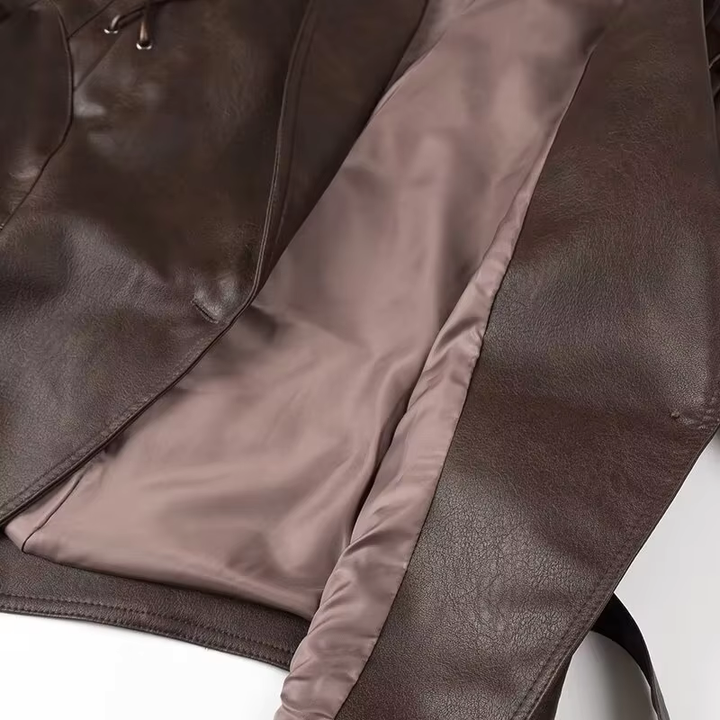 Rosa - Women's Brown Leather Jacket with Lace-Up Detail