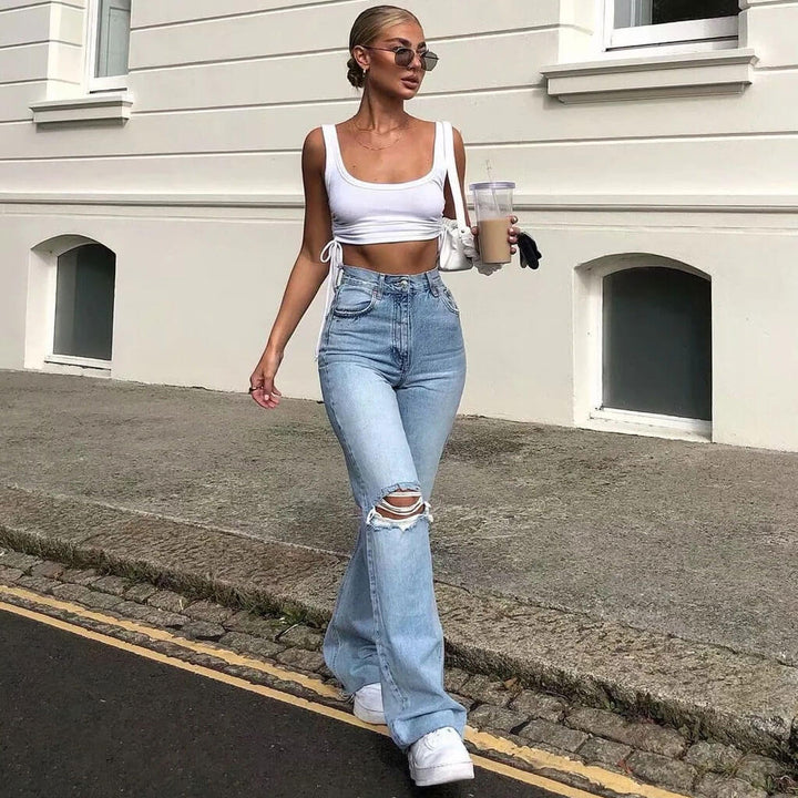 Zara - High Waist Wide Leg Ripped Jeans